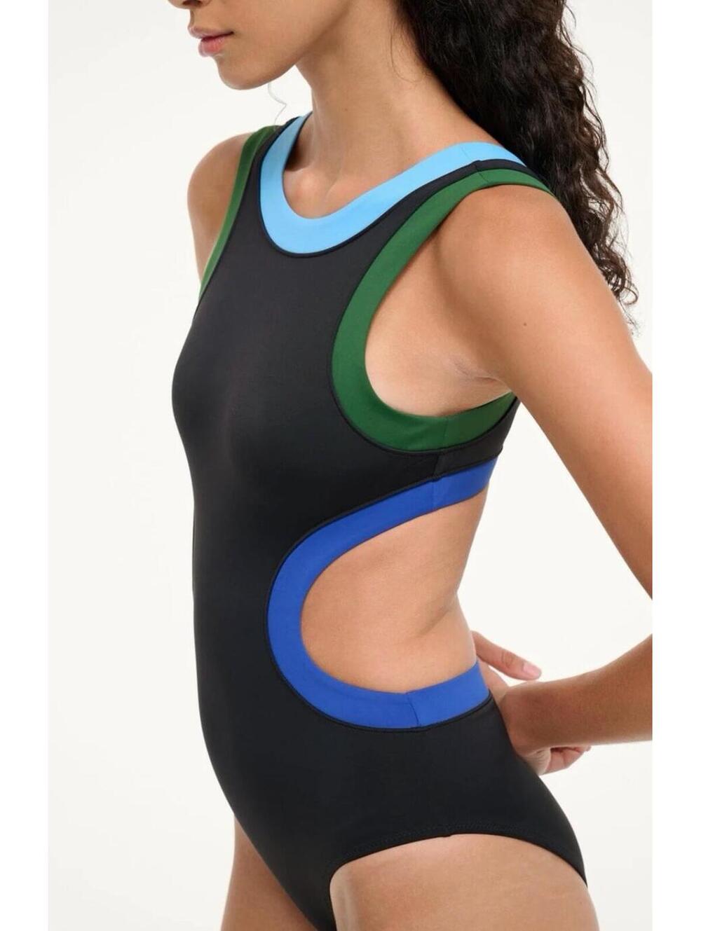 NWT Staud Dolce Cutout One Piece Swimsuit Navy Green Blue Swim Sea Large - Picture 3 of 5